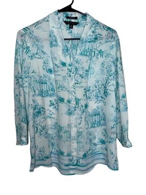 Investments Teal and White Toile Button-Up Blouse